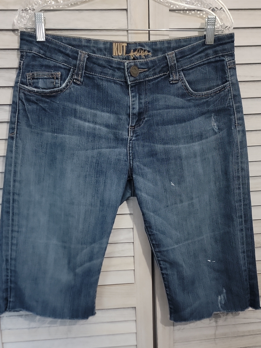 Kut from the Kloth Custom Cut Off Denim Blue Distressed Bermuda Shorts Size 8